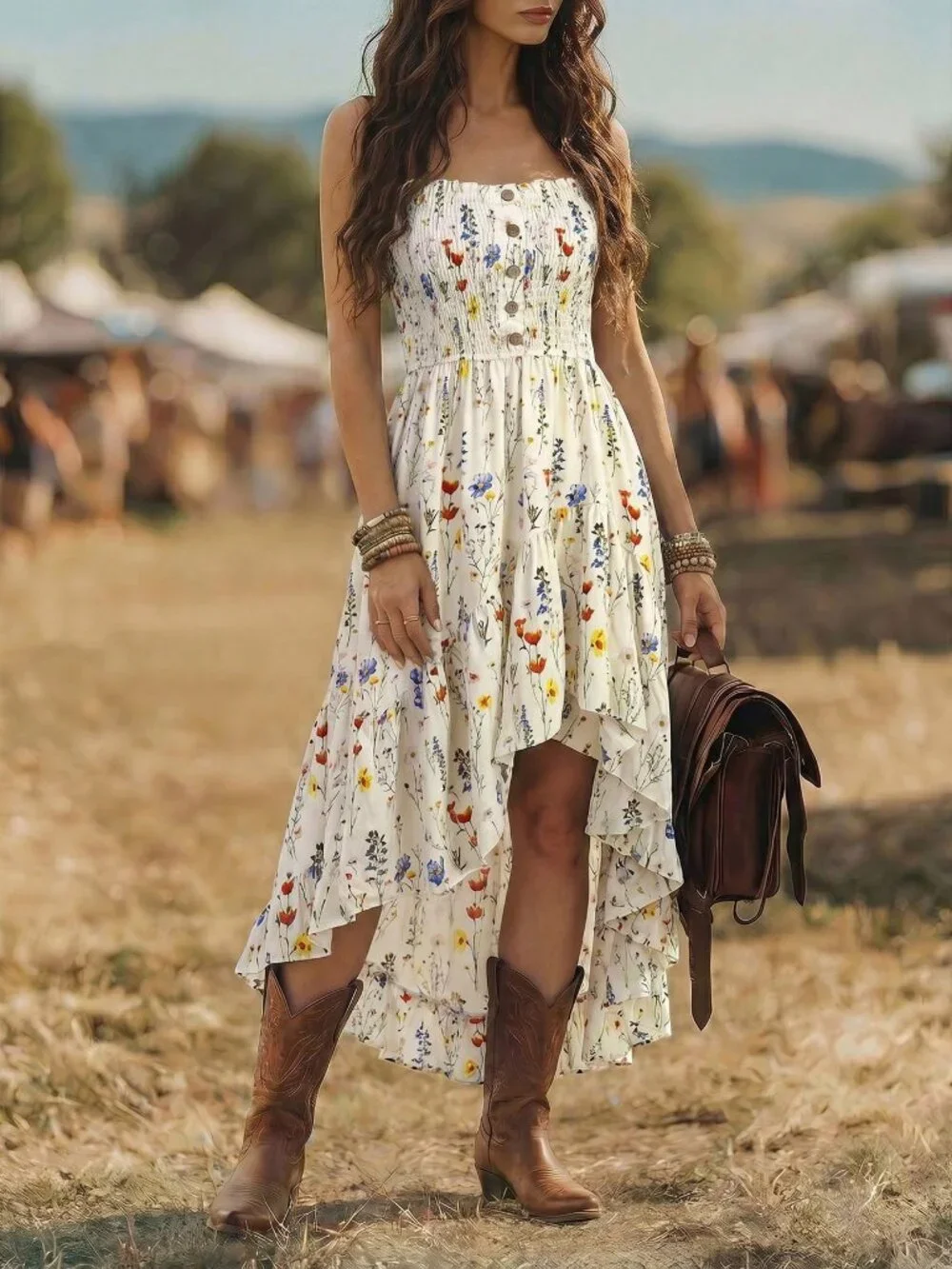 White Boho Women's Casual Floral Print Cinched Waist Midi Dress - Picture 4 of 7